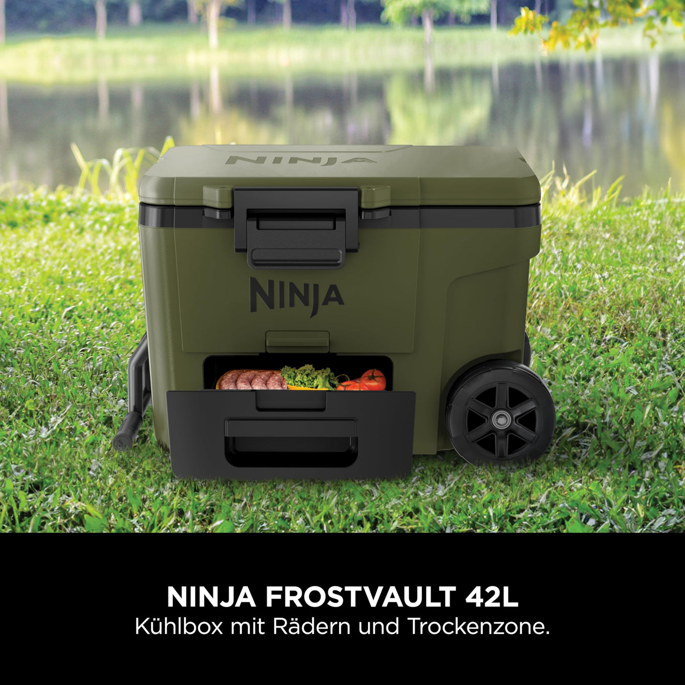 Ninja FrostVault Kühlbox mit Rollen und Isolierung, Thirti Flasche & Kühlakku, integrierter Dry Zone Schublade für Lagerung bei Kühlschranktemperatur, olivegrün, FB245AMZEUUKGN