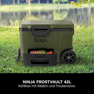 Ninja FrostVault Kühlbox mit Rollen und Isolierung, Thirti Flasche & Kühlakku, integrierter Dry Zone Schublade für Lagerung bei Kühlschranktemperatur, olivegrün, FB245AMZEUUKGN