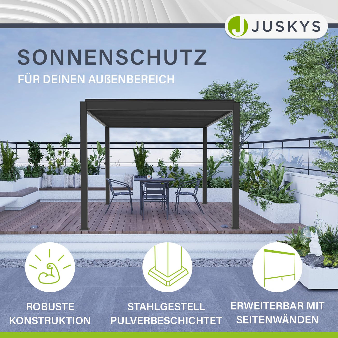 Juskys Lamellendach Tahiti 3x3 m - Stahl Pergola - Terrassenüberdachung stabil & wetterfest - Überdachung für Garten & Terrasse - Bausatz Anthrazit