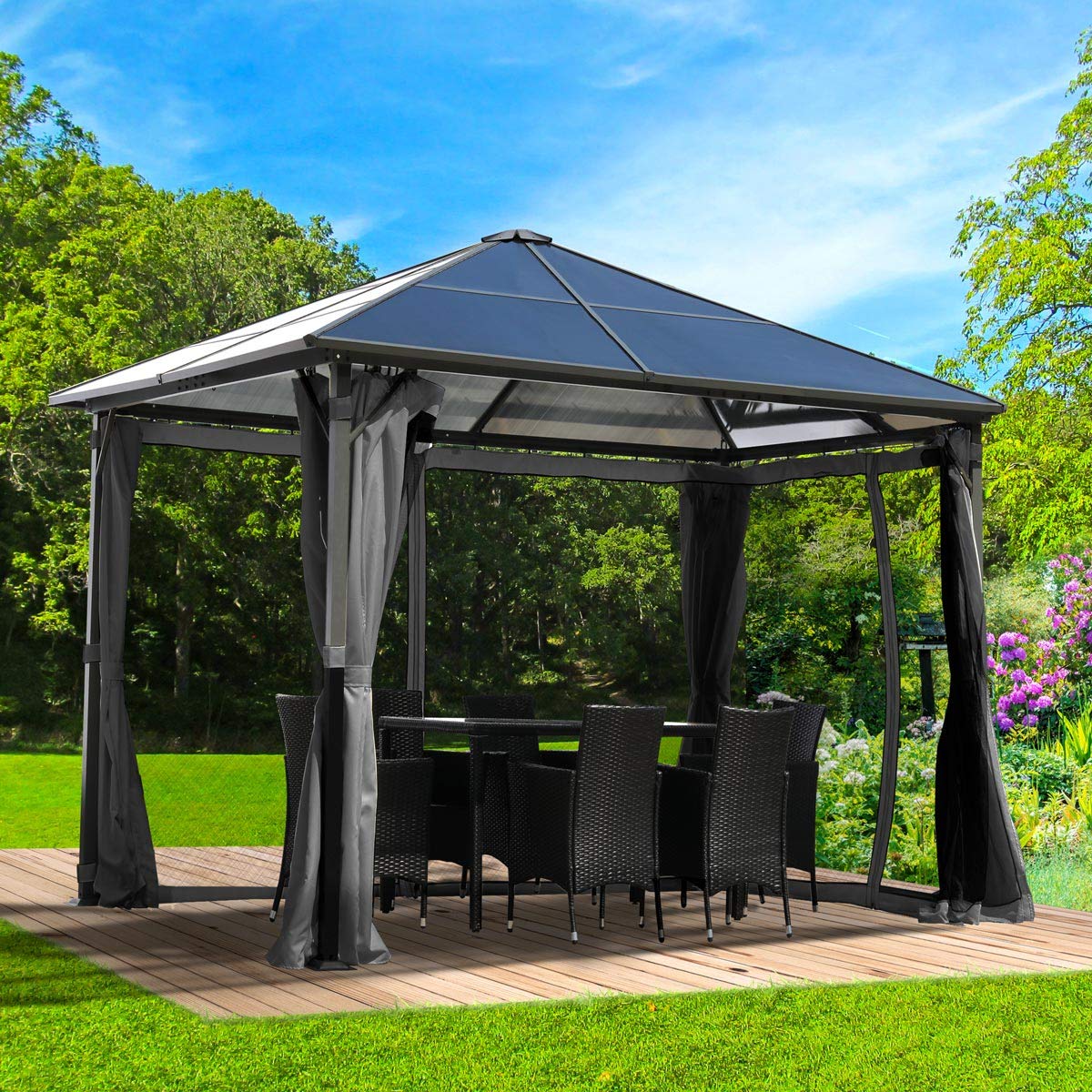 BRAST® Alu Pavillon Summerdream | viele Modelle & Farben | Größen 3x3m 3x4m | Moskitonetz + LEDs | TÜV geprüft | wasserdicht | UV-Schutz | festes Dach | 3x3m Grau LEDs