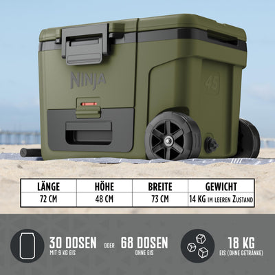 Ninja FrostVault Kühlbox mit Rollen und Isolierung, Thirti Flasche & Kühlakku, integrierter Dry Zone Schublade für Lagerung bei Kühlschranktemperatur, olivegrün, FB245AMZEUUKGN