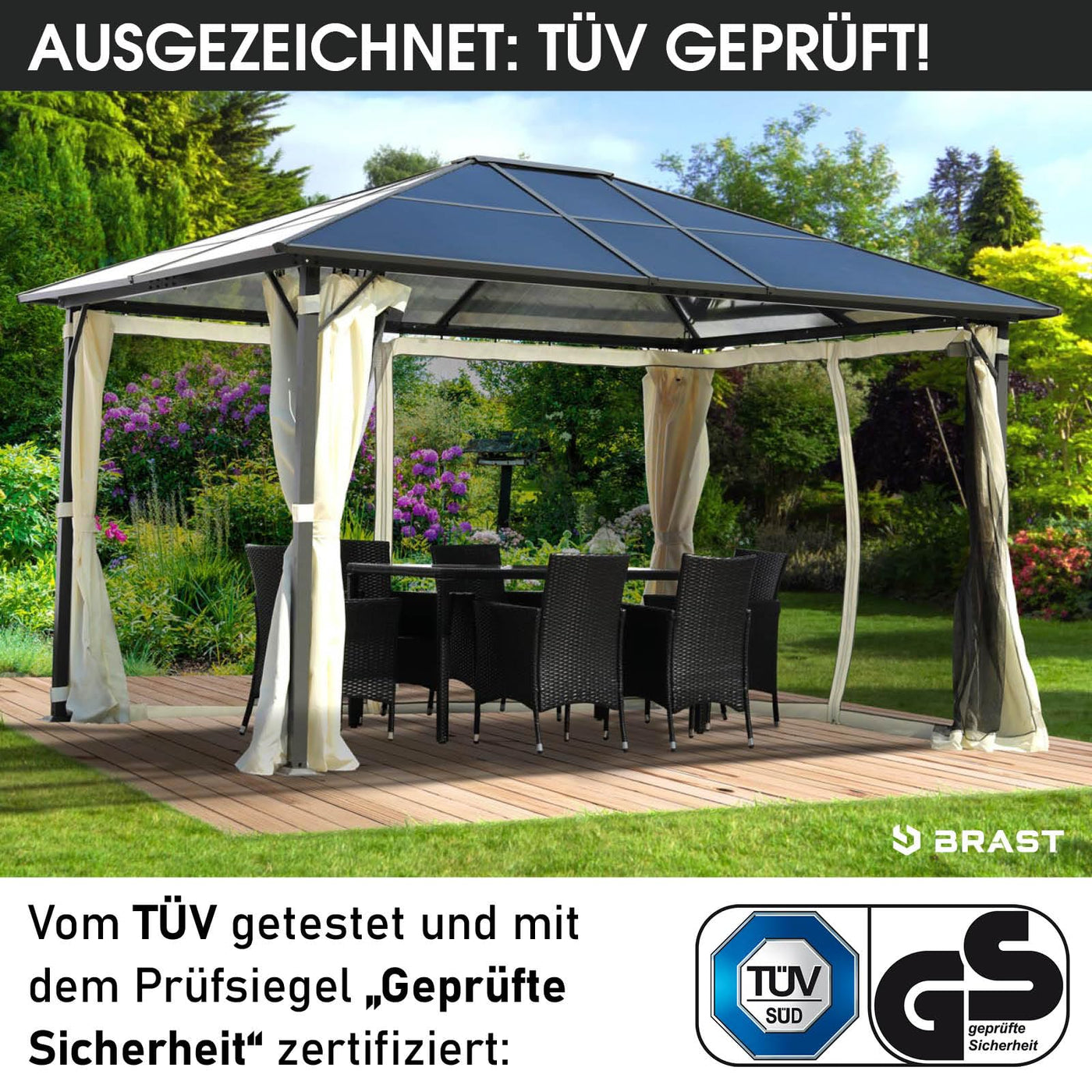 BRAST® Alu Pavillon Summerdream | viele Modelle & Farben | Größen 3x3m 3x4m | Moskitonetz + LEDs | TÜV geprüft | wasserdicht | UV-Schutz | festes Dach | 3x4m Beige LEDs