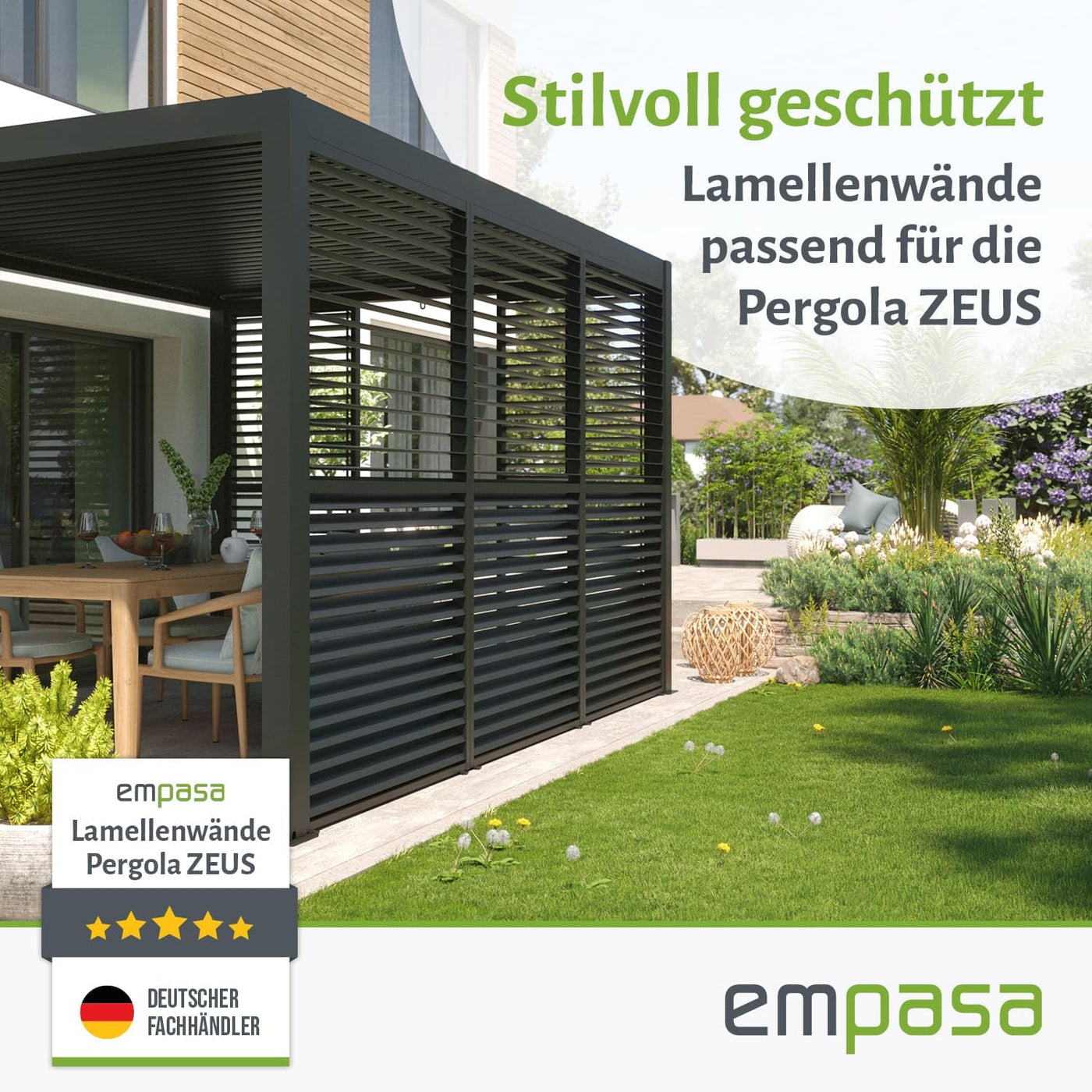 empasa Bewegliche Lamellenseitenwand für Pergola Zeus aus Aluminium Sichtschutz Paneel Windschutz Sonnenschutz, Terrasse, anthrazit, in Zwei Größen