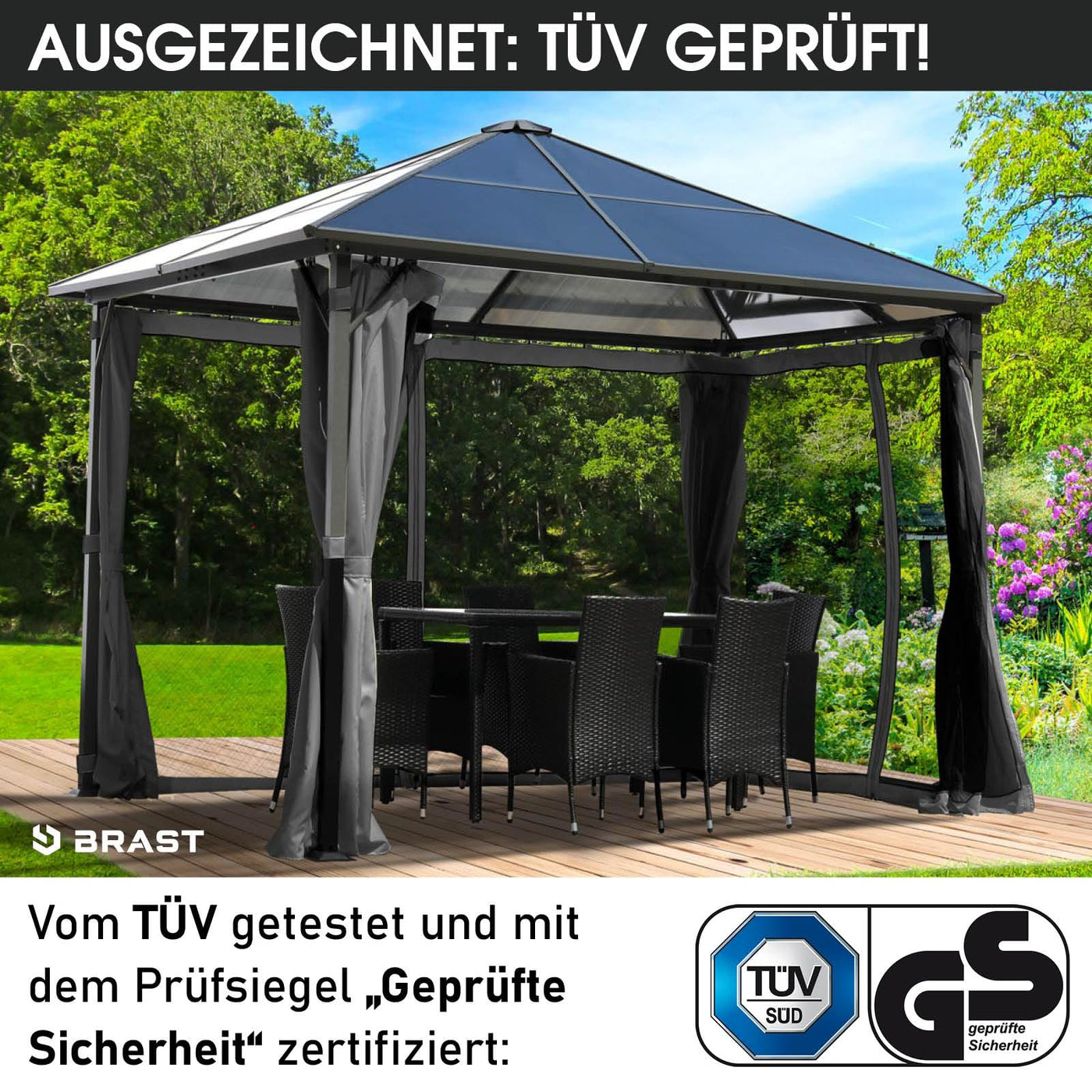 BRAST® Alu Pavillon Summerdream | viele Modelle & Farben | Größen 3x3m 3x4m | Moskitonetz + LEDs | TÜV geprüft | wasserdicht | UV-Schutz | festes Dach | 3x3m Grau LEDs