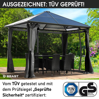 BRAST® Alu Pavillon Summerdream | viele Modelle & Farben | Größen 3x3m 3x4m | Moskitonetz + LEDs | TÜV geprüft | wasserdicht | UV-Schutz | festes Dach | 3x3m Grau LEDs