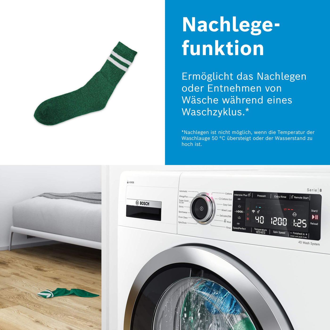 Bosch WAN282A2 Serie 4 Waschmaschine, 7 kg, 1400 UpM, EcoSilence Drive leiser und effizienter Motor, NightWash extra leises Programm, SpeedPerfect schneller saubere Wäsche, Nachlegefunktion