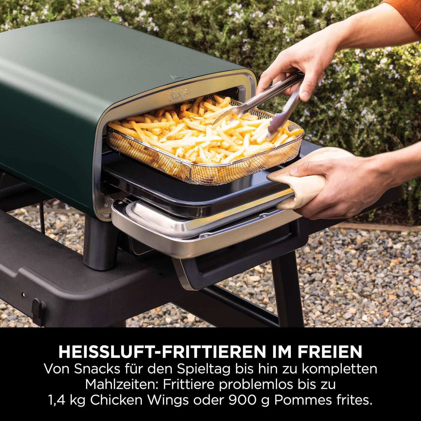 Ninja Artisan Outdoor-Pizzaofen und Heißluftfritteuse, 4 Funktionen, Servierbrett, Pizza-Wiegemesser, 30-cm-Pizzastein, Pizzaschale, Backblech und Heißluft-Fritteusen-Korb, Grün MO201AMZEU