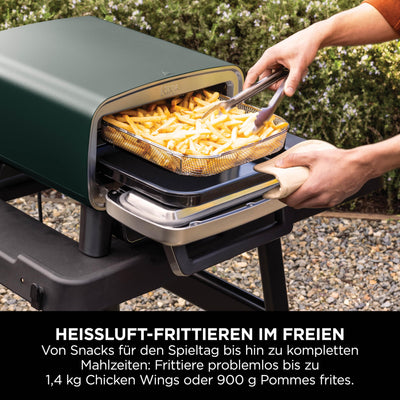 Ninja Artisan Outdoor-Pizzaofen und Heißluftfritteuse, 4 Funktionen, Servierbrett, Pizza-Wiegemesser, 30-cm-Pizzastein, Pizzaschale, Backblech und Heißluft-Fritteusen-Korb, Grün MO201AMZEU