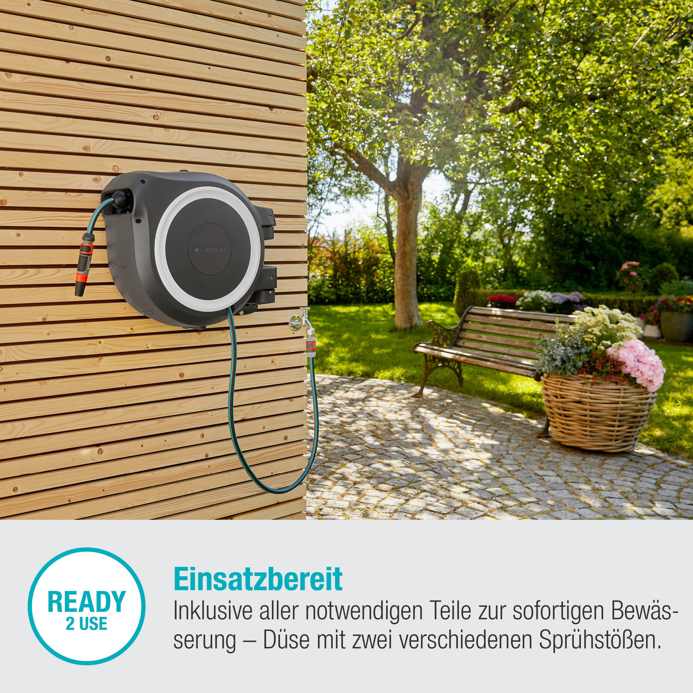 Gardena Wand-Schlauchbox RollUp XL (weiß) 35 m: flexible Bewässerung für große Gärten, Schwenkbare Schlauchbox, inkl. 35 m Gardena Qualitätsschlauch und Montagehilfe (18632-20)