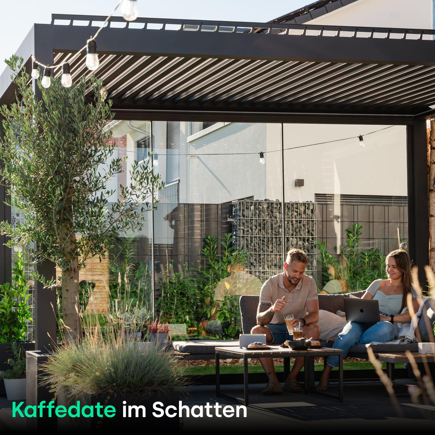 PERGOLUX – Sundream S2 elektrische Pergola – Garten Pavillon mit LED-Beleuchtung & elektrisch verstellbarem Lamellendach (Anthrazit Pergola mit Weißem Lamellendach, 3x5m Freistehend)