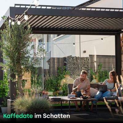 PERGOLUX – Sundream S2 elektrische Pergola – Garten Pavillon mit LED-Beleuchtung & elektrisch verstellbarem Lamellendach (Anthrazit Pergola mit Weißem Lamellendach, 3x5m Freistehend)