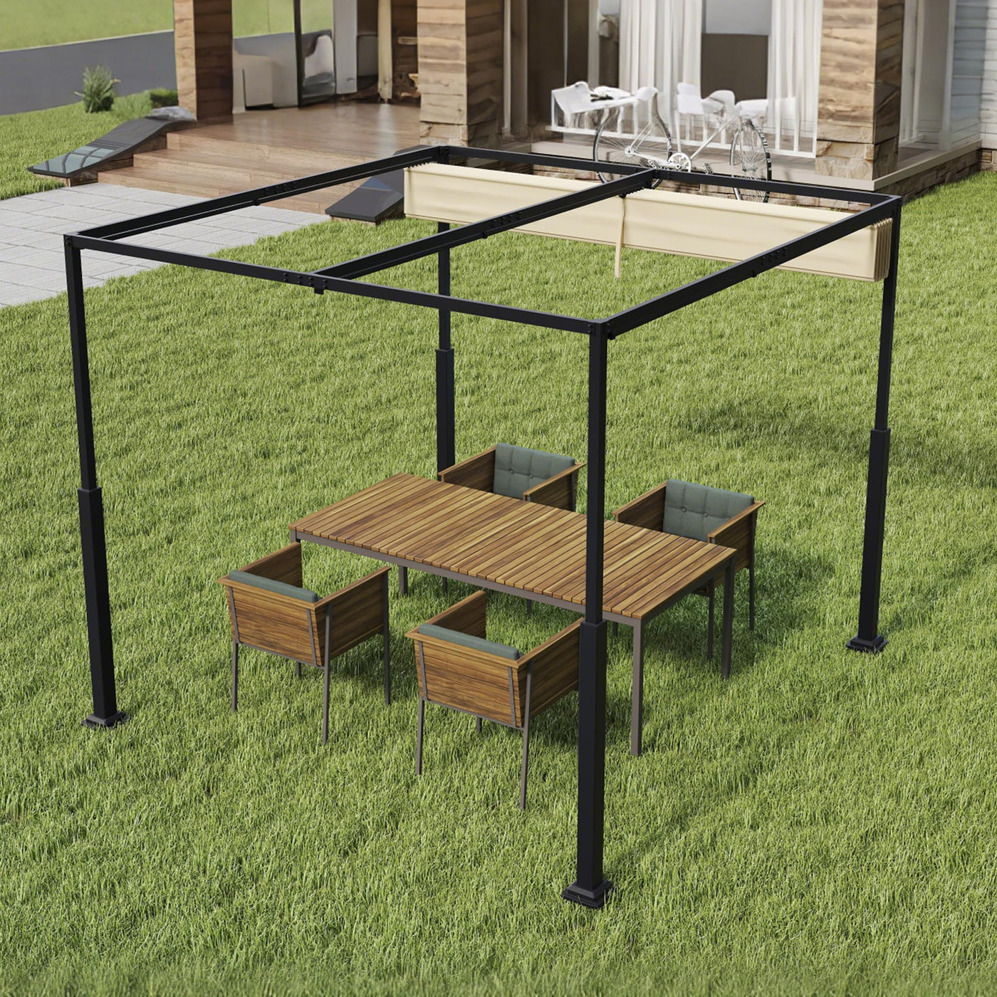 UISEBRT 3x3 m Pergola Pavillon mit stabilem Stahlgestell und hochwertigem Schiebedach aus PA-beschichtetem Polyester, freistehende Terrassenüberdachung, ideal für Outdoor (Beige)