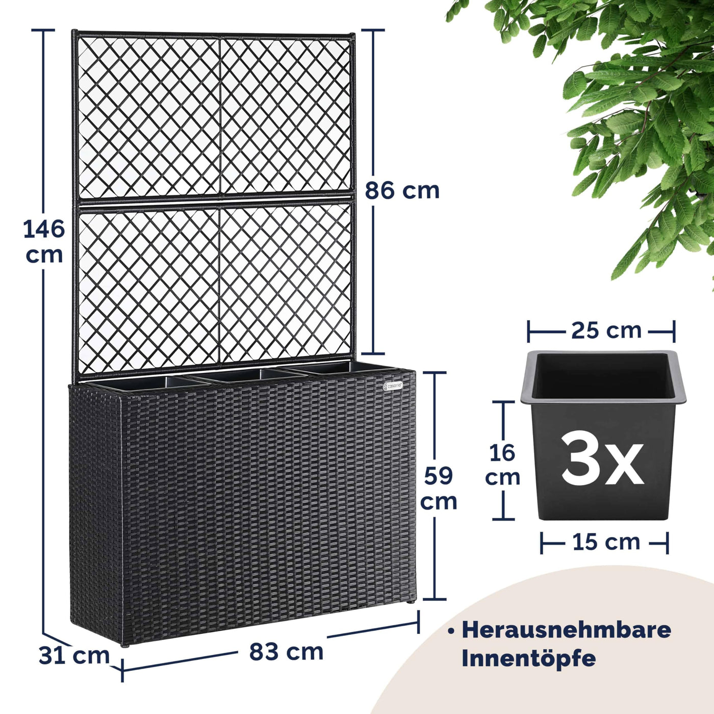 Casaria® Blumenkasten Rankgitter 3 Innentöpfe Polyrattangeflecht Rankhilfe Blumentopf Rattanoptik Pflanzkasten Schwarz