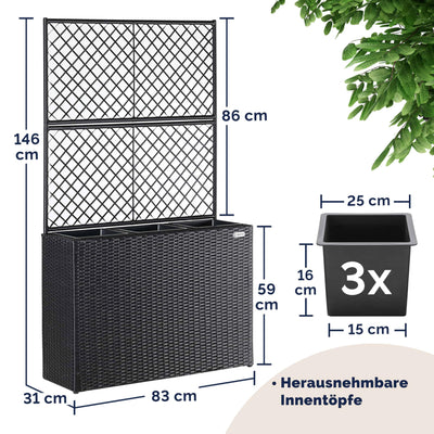 Casaria® Blumenkasten Rankgitter 3 Innentöpfe Polyrattangeflecht Rankhilfe Blumentopf Rattanoptik Pflanzkasten Schwarz