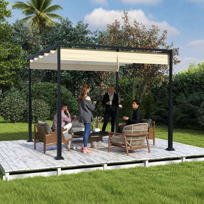 UISEBRT 3x3 m Pergola Pavillon mit stabilem Stahlgestell und hochwertigem Schiebedach aus PA-beschichtetem Polyester, freistehende Terrassenüberdachung, ideal für Outdoor (Beige)