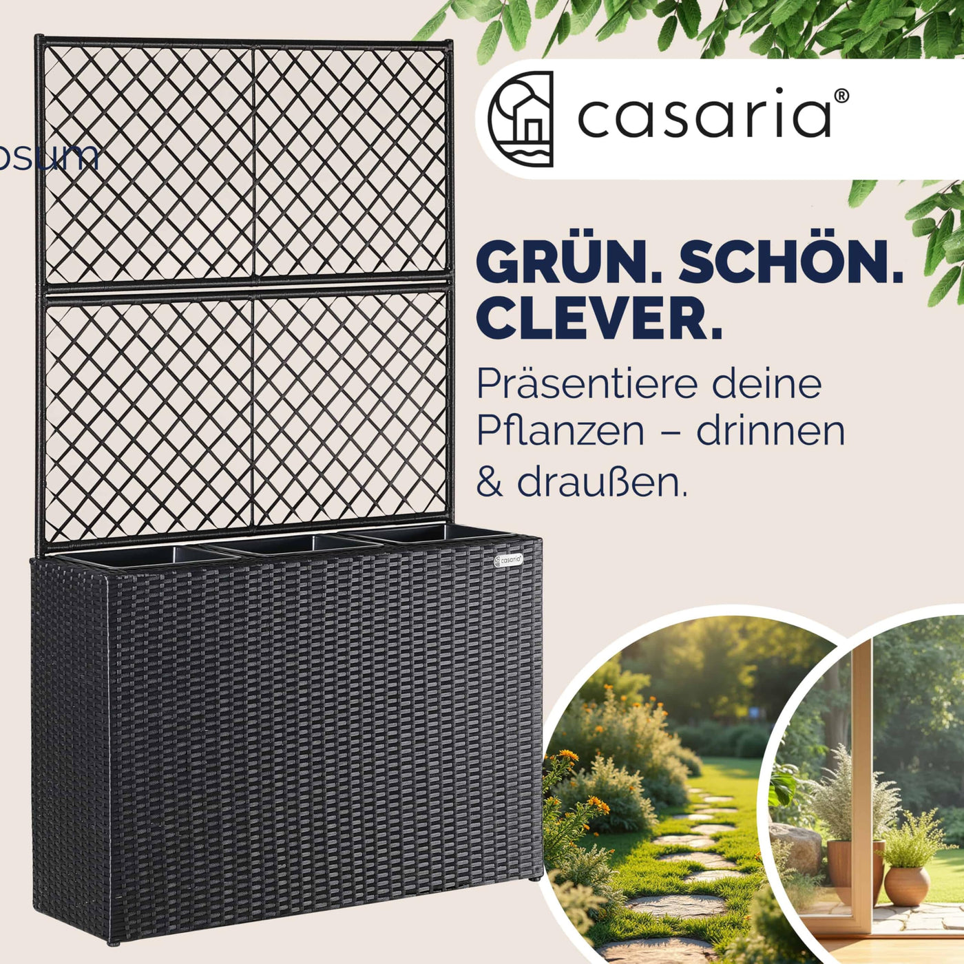 Casaria® Blumenkasten Rankgitter 3 Innentöpfe Polyrattangeflecht Rankhilfe Blumentopf Rattanoptik Pflanzkasten Schwarz