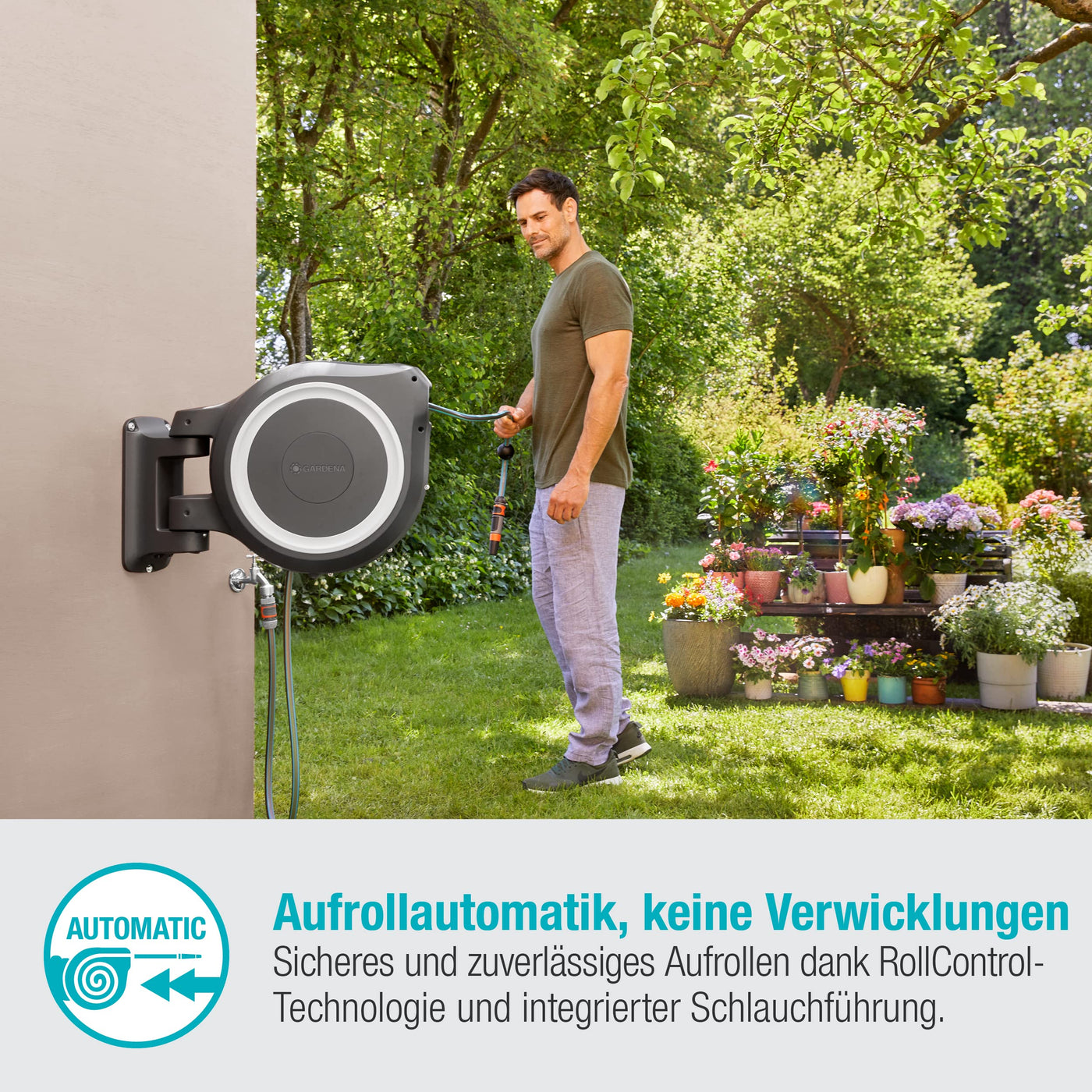 Gardena Wand-Schlauchbox RollUp XL (weiß) 35 m: flexible Bewässerung für große Gärten, Schwenkbare Schlauchbox, inkl. 35 m Gardena Qualitätsschlauch und Montagehilfe (18632-20)