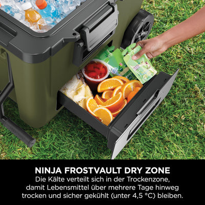 Ninja FrostVault Kühlbox mit Rollen und Isolierung, Thirti Flasche & Kühlakku, integrierter Dry Zone Schublade für Lagerung bei Kühlschranktemperatur, olivegrün, FB245AMZEUUKGN