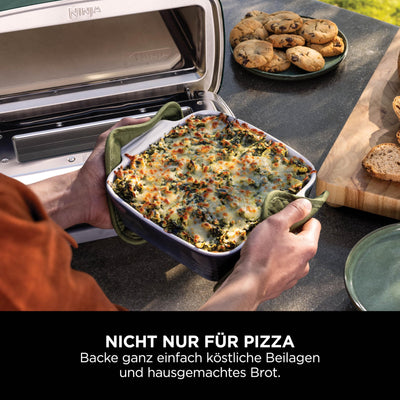 Ninja Artisan Outdoor-Pizzaofen und Heißluftfritteuse, 4 Funktionen, Servierbrett, Pizza-Wiegemesser, 30-cm-Pizzastein, Pizzaschale, Backblech und Heißluft-Fritteusen-Korb, Grün MO201AMZEU